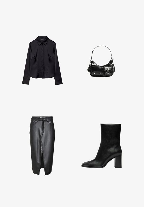 Schwarzes Langarmhemd aus glattem Stoff mit spitzem Kragen, Knopfleiste und zwei Vorderaschen.; Schwarzer Lederrock mit mittellangem Design, ausgestattet mit einem Schlitz vorne, klassischen Gürtelschlaufen und genähten Details entlang der Nähte.; Schwarze Knöchelstiefel aus glattem Leder, mit einer spitzen Zehe und einem klobigen rechteckigen Absatz. Minimalistisches Design ohne Verzierungen.; Schwarze Lackleder-Handtasche mit geschwungenem Design, einem Schulterriemen, Vordertaschen und silberfarbenen Hardware-Akzenten.