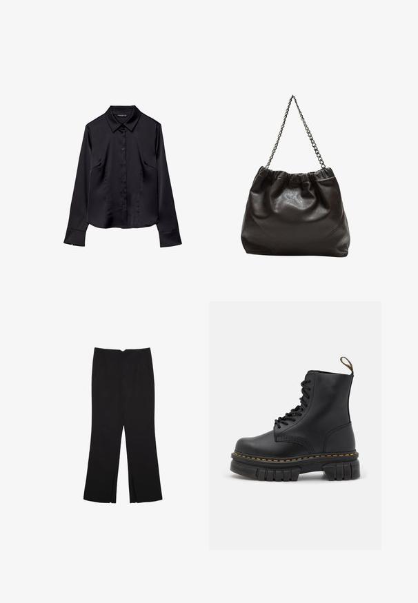 Chemise noire à manches longues en tissu lisse, avec un col pointu, une fermeture à boutons sur le devant et deux poches avant.; Pantalon noir avec une coupe droite, doté de poches avant et d'éclairs sur l'ourlet. Fabriqué en tissu doux et lisse. Convient à diverses occasions.; Botte en cuir noir à lacets avec une semelle épaisse, des coutures jaunes, un bout arrondi et une languette à l'arrière pour faciliter l'enfilage.; Sac en cuir marron avec un haut froncé et une bandoulière en chaîne. Texture lisse avec une finition brillante et des coutures subtiles sur les côtés.