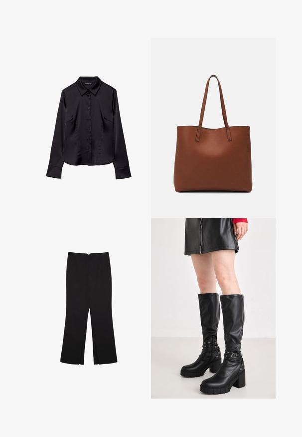 Svart långärmad skjorta i slätt tyg, med spetsig krage, knappfästning fram och två framfickor.; Svarta byxor med rak passform, utrustade med framfickor och sidoklyvningar vid fållen. Tillverkade av mjukt, slätt tyg. Lämpliga för olika tillfällen.; Svarta knäkorta stövlar i slät syntetiskt läder med en kraftig plattformssula, försedda med spännen och ögla-detaljer runt vristen.; Brun läder tote-väska med en slät textur, öppen toppdesign och två axelremmar. Har minimal söm och ingen synlig metalldetalj.