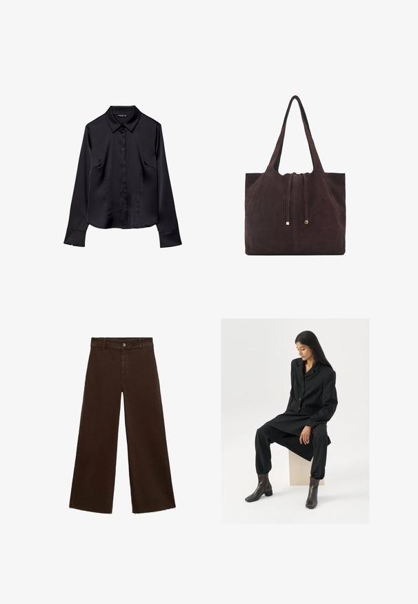 Mustassa pitkähihaisessa paidassa on sileä kangas, terävä kaulus, nappisuljenta edessä ja kaksi etutaskua.; Ruskeat leveät housut puuvillasekoituksesta, joissa on revitty helma, etunappikiinnitys ja perinteinen viisi-taskuinen muotoilu. Minimalistiset ja monikäyttöiset.; Musta räätälöity puku, jossa on bleiseri ja kapenevat housut, yhdistettynä ruskeisiin nilkkabootseihin. Sileä pinta, minimalistinen muotoilu, ei näkyviä kuvioita.; Mango Shopping bag - dark brown