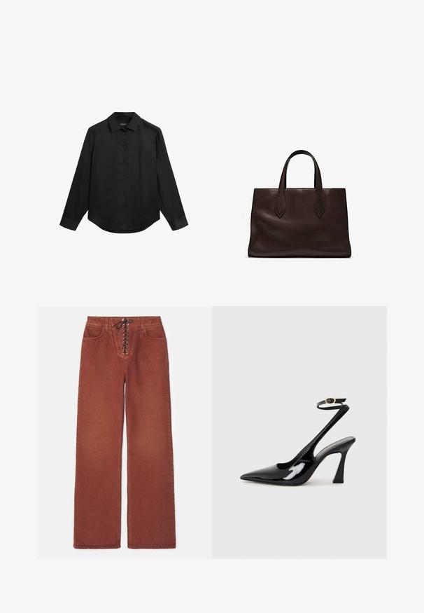 Black long-sleeve button-up shirt with a classic collar, smooth texture, and curved hem. Features button closure and cuffed sleeves.; Rust-colored wide-leg pants with a lace-up front, made of denim. Features two front pockets and a smooth texture.; Black patent leather slingback high heels with a pointed toe, adjustable ankle strap, and a moderate block heel. Smooth texture with glossy finish.; Brown leather tote bag with two elongated handles, structured rectangular shape, smooth texture, and subtle stitching details.