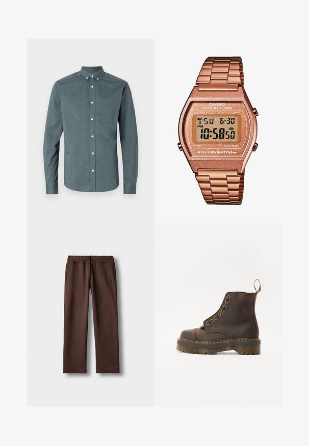 Košulja s dugim rukavima u tamno tirkiznoj boji, s dugim rukavima, kragnom na kopčanje, jednim džepom na prsima, s bijelim gumbima i teksturiranom tkaninom.; Smeđe trenirke od mekog materijala, s elastičnim strukom, detaljem od užeta i bočnim džepovima. Jednostavan, ravni kroj.; Smeđe kožne čizme do gležnja s okruglim vrhom, kontrastnim žutim šavovima, dekorativnim metalnim rupicama i zupčastom gumom.; Digitalni Casio sat s metalnom narukvicom u ružičastom zlatu, pravokutnim kućištem, osvijetljenim zaslonom i vodootpornošću, prikazuje vrijeme i datum.