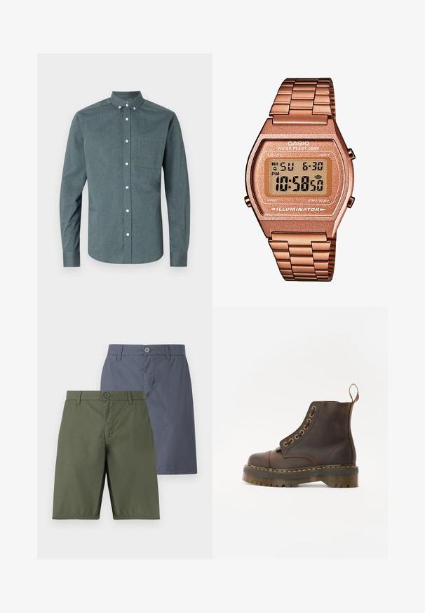 Hemd mit Knöpfen in dunklem Blaugrün, langen Ärmeln, button-down Kragen, einer Brusttasche, mit weißen Knöpfen und einem strukturierten Stoff.; Zwei Shorts: eine olivgrün, eine marineblau. Beide verfügen über einen Knopfverschluss, einen geraden Schnitt und glattes Gewebe mit einem leichten Glanz.; Braune Leder-Ankleboots mit runder Spitze, kontrastierenden gelben Nähten, dekorativen Metallösen und rutschfester Gummisohle.; Digitaluhr von Casio mit einem roségoldenen Metallarmband, rechteckigem Gehäuse, beleuchtetem Display und Wasserfestigkeit, zeigt Uhrzeit und Datum an.