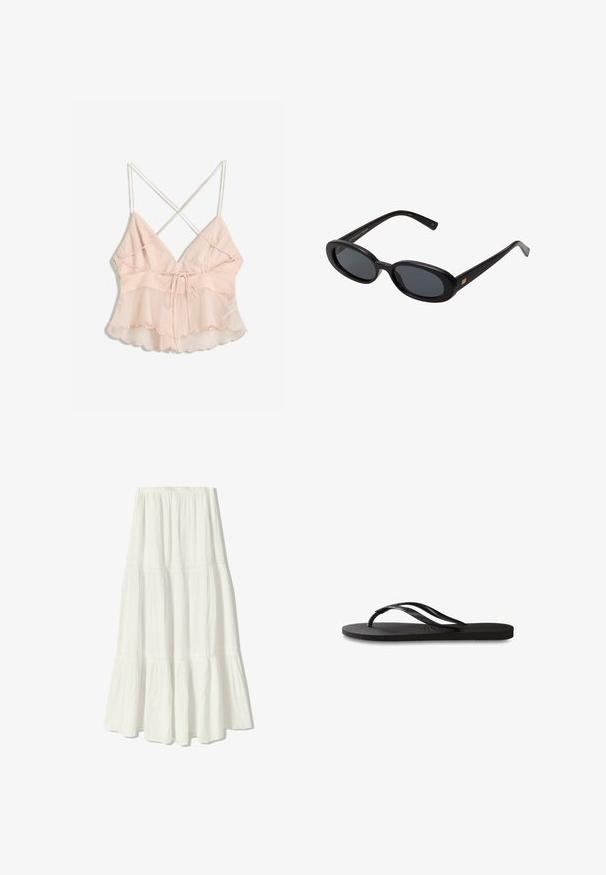Hellrosa Trägeroberteil mit verstellbaren Spaghetti-Trägern, tailliertem Oberteil und ausgestelltem Saum mit gezacktem Rand und Bindungsdetail.; Weißer Maxikleid mit einem gestuften Design, gefertigt aus leichtem Stoff. Verfügt über einen elastischen Bund und zarte Nähte.; Schwarze Flip-Flops mit einer strukturierten Gummisohle, zwei schlanken Riemen und einem dezenten, geprägten Logo-Detail auf dem Riemen.; Schwarze, oversized Sonnenbrillen mit ovalen Gläsern, glattem Kunststoffrahmen und goldenen Akzenten an den Bügeln. Die dunklen Gläser bieten Sonnenschutz.
