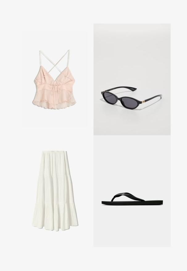 Hellrosa Trägeroberteil mit verstellbaren Spaghetti-Trägern, tailliertem Oberteil und ausgestelltem Saum mit gezacktem Rand und Bindungsdetail.; Weißer Maxikleid mit einem gestuften Design, gefertigt aus leichtem Stoff. Verfügt über einen elastischen Bund und zarte Nähte.; Schwarze Gummi-Flip-Flop-Sandale mit einem strukturierten Riemen und einfacher flacher Sohle, von der Seite auf einem schlichten hellen Hintergrund dargestellt.; Schwarze Sonnenbrille mit ovalen Gläsern, dunklem Verlaufstönung und schlanken Bügeln mit dezenten goldenen Akzenten. Glatte Kunststoffoberfläche.