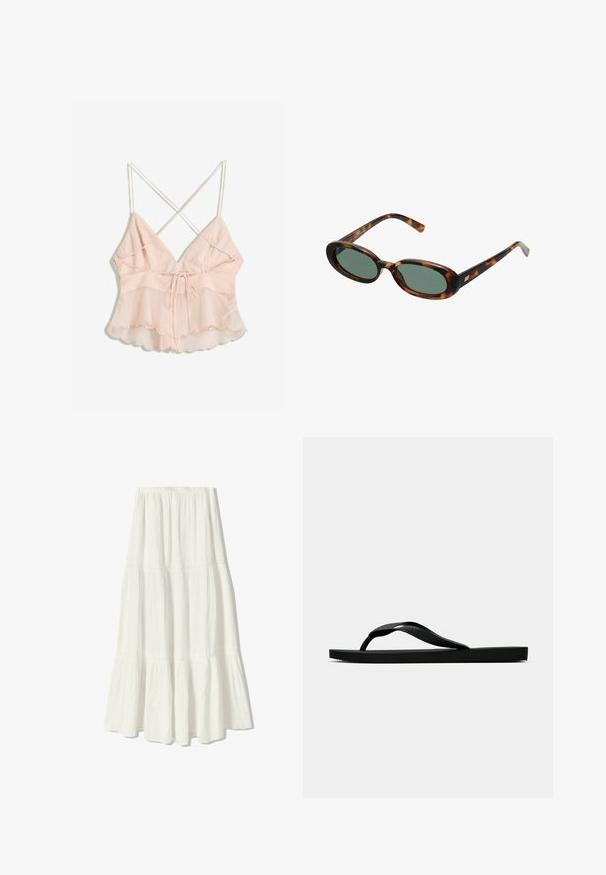 Svetloružový top bez rukávov s nastaviteľnými ramienkami, priliehavým telom a rozšíreným spodným lemom s vlnitým okrajom a viazačkou.; Biela maxi sukňa s poschodovým dizajnom, vyrobená z ľahkej látky. Má elastický pás a jemné stehy ako dekoráciu.; Čierne gumené žabky s textúrovaným popruhom a jednoduchou plochou podrážkou, zobrazené z boku na jednofarebnom svetlom pozadí.; Slnečné okuliare v štýle korytnačiny s oválnymi rámami a zelenými sklami. Majú tenké nožičky s kovovým akcentom pri pántoch.