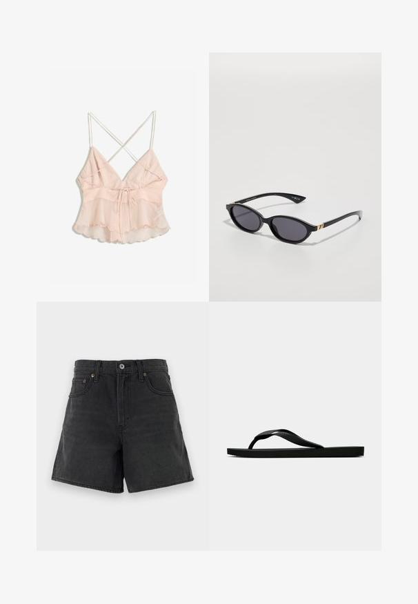 Light pink camisole with adjustable spaghetti straps, a fitted bodice, and a flared hem featuring a scalloped edge and tie detail.; Black denim shorts with a classic cut, featuring a button fly, five pockets, and minimal stitching detail. Smooth texture.; Black rubber flip-flop sandal with a textured thong strap and simple flat sole, shown from side on a plain light background.; Black sunglasses with oval lenses, dark gradient tint, and slim arms featuring subtle gold accents. Smooth plastic finish.