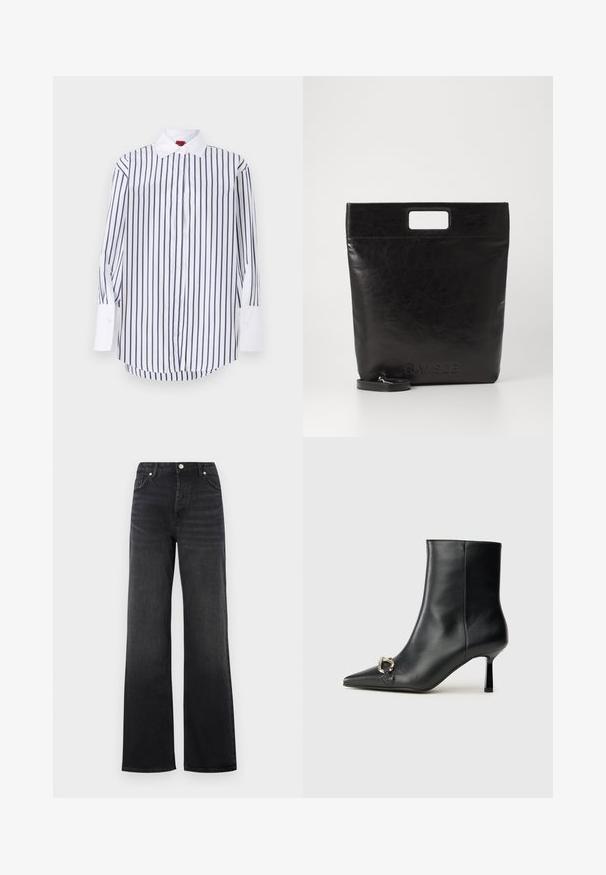 Baltas pogājums krekls ar tumši ziliem vertikāliem svītrojumiem, garas piedurknes ar baltām piedurkņu galiem, klasiskā apkakle un izliekta apakšmala. Gluda auduma tekstūra.; Melni augstās jostas platās kājas džinsi ar pogu aizdari un priekšējām kabatām, ar vieglu izbalēšanu gurnu apvidū.; Melnā ādas potīšu zābaku ar smailu purngalu, šauru vidēja augstuma papēdi un sudraba sprādzi sānos uz vienkrāsaina fona.; Melna ādas tote soma ar kvadrātveida rokturi, ar teksturētu apdari un iespiestu logo. Ietver noņemamu siksnu.