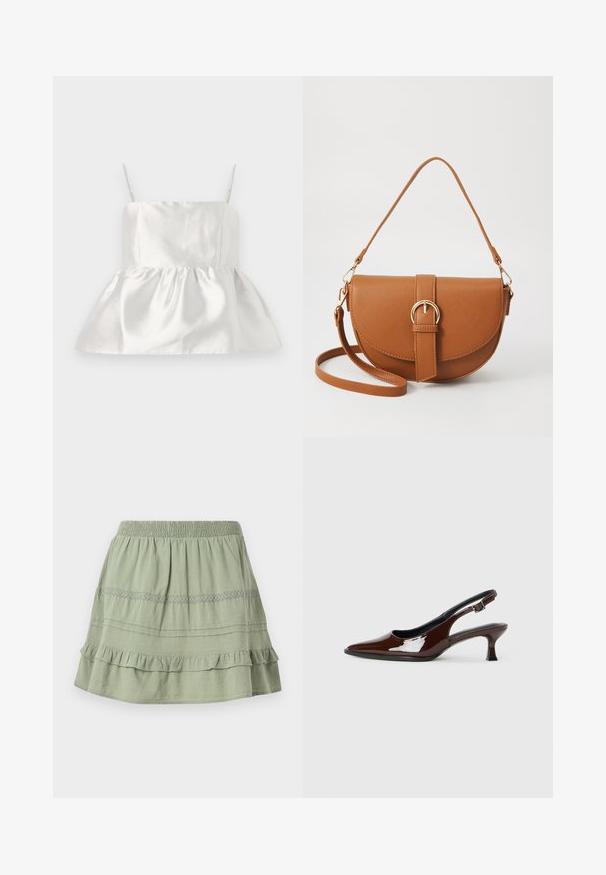 Top de cetim branco com alças finas e corpete ajustado que se alarga numa bainha peplum franzida, textura suave com leve brilho.; Saia de algodão verde com uma cintura franzida, babados em camadas e um padrão de rendas a decorar a seção do meio.; Sapato slingback em pele sintética castanha com bico pontiagudo e salto moderado. Apresenta uma fivela para um ajuste seguro. Textura suave.; Bolsa transversal de couro castanho com um formato curvado, ferragens douradas e um detalhe de fivela. Inclui uma alça de ombro destacável.