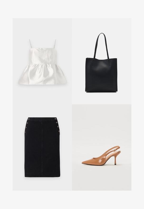 Top de satén blanco con tirantes finos y un corsé ajustado que se ensancha en un dobladillo de peplum fruncido, textura suave con un ligero brillo.; Falda lápiz de mezclilla negra con una silueta recta, que presenta grandes botones decorativos en el lado izquierdo y un detalle de costura en la parte delantera.; Zapato de tacón tipo slingback con punta afilada en un material suave y brillante de color marrón. Presenta un diseño con corte curvado y un tacón de aguja delgado. Detalle de hebilla plateada.; Bolso tote de cuero negro con textura lisa, forma rectangular y dos asas largas. Sin herrajes ni adornos visibles.