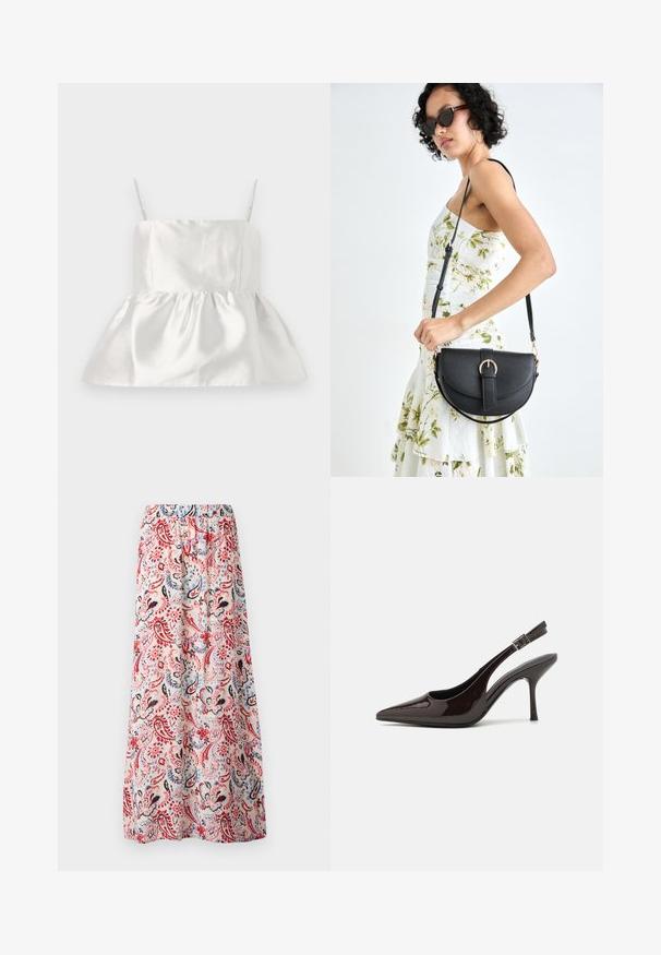 Valge satiinist topp õhukeste rihmadega ja vormitud rinnaosaga, mis laieneb ridu pehmendava peplumi hemiga, sile tekstuur kerge läikega.; Lillelilleline maxi seelik, elastne vöökoht, millel on mitmevärviline paisleimuster punaste, siniste ja mustade aktsentidega heledal taustal.; Kare kõrge kontsaga king, läikiv tumepruun lakknahast, terava nina, avatud külgedega ja reguleeritava pahkluuringiga.; Mustmust mustraha kõverate joontega, eemaldatava rihmaga ja kuldsete detailidega. Kotil on klapp, millel on pandladetail.