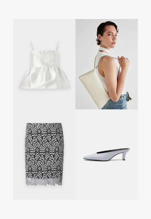 Top alb satinat cu bretele subtiri si un corsaj ajustat care se lărgește într-un tiv peplum pliat, textură netedă cu o ușoară strălucire.; Fustă din dantelă neagră cu model floral argintiu, margine ondulată și textură complexă din croșetă. Design ajustat cu o captușeală netedă dedesubt.; Mule din piele patent albastru deschis, cu vârf ascuțit, toc transparent mic și un design elegant cu un decupaj la vamp.; Geantă de clutch rectangulară albă, realizată dintr-un material lucios, având o curea de lanț argintie. Modelul pozează, evidențiind geanta pe un fundal simplu.