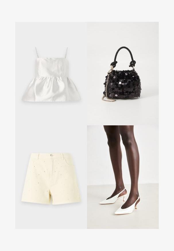 Haut en satin blanc avec des bretelles fines et un corsage ajusté qui s'évase en une basque froncée, texture lisse avec un léger éclat.; Shorts en denim jaunes avec une taille haute et une coupe décontractée, ornés de petits clous en argent éparpillés sur le devant pour un effet de détail.; Talons slingback en cuir verni blanc avec un bout pointu, un talon mince et des côtés ouverts ; texture lisse et design minimaliste.; Mini sac à main en sequins noirs avec une bandoulière texturée nouée et une chaîne argentée. Forme arrondie avec un haut froncé et des détails réfléchissants.