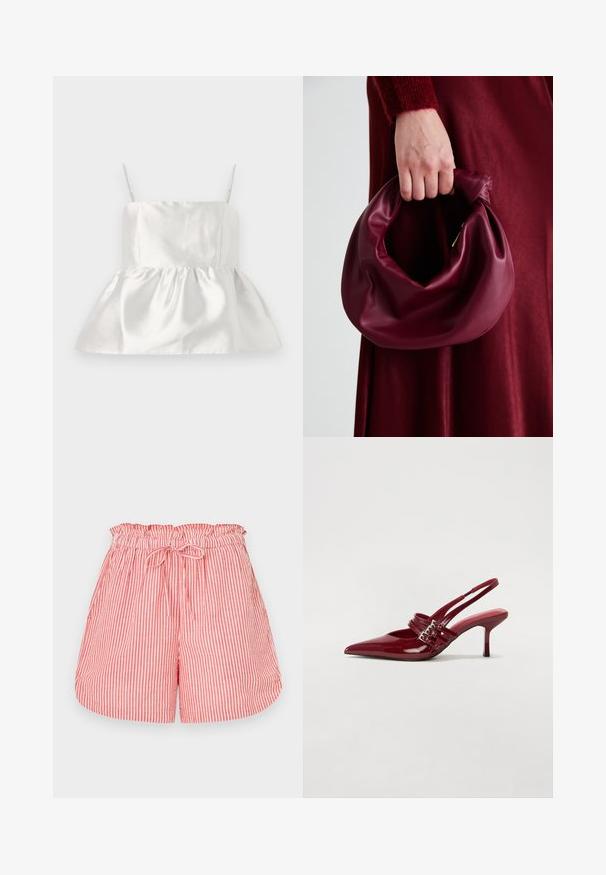 White satin top with thin straps and a fitted bodice that flares into a gathered peplum hem, smooth texture with slight sheen.; Red and white striped shorts with an elastic waistband and drawstring tie. Features a relaxed fit and a smooth texture.; Red patent leather slingback heels with a pointed toe, two buckle straps, and a slim, mid-height stiletto heel. Smooth texture.; Burgundy leather handbag with a soft, gathered design and a rounded shape. The handle is secured, showcasing a smooth texture.