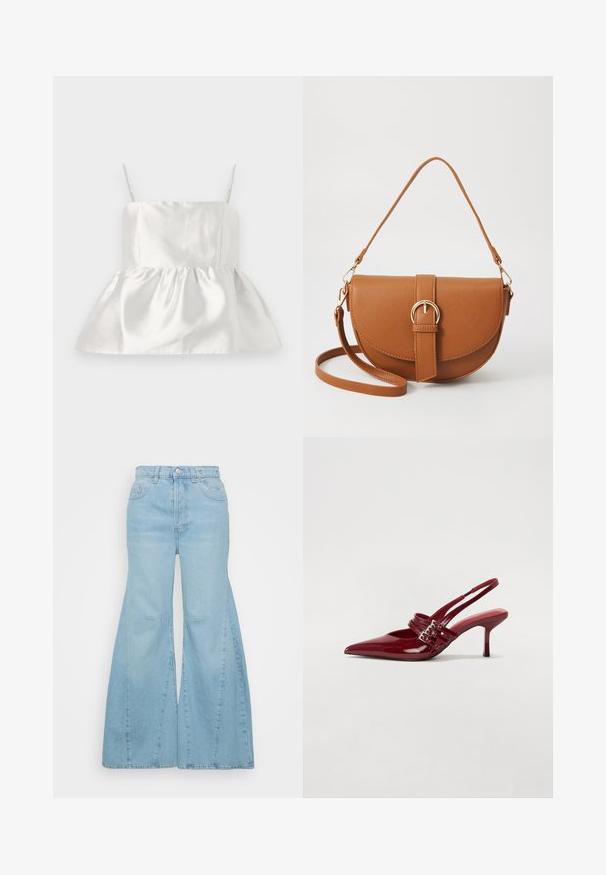 White satin top with thin straps and a fitted bodice that flares into a gathered peplum hem, smooth texture with slight sheen.; Light blue, high-waisted denim flared pants with side slits and contrasting stitching. Designed with a classic five-pocket style.; Red patent leather slingback heels with a pointed toe, two buckle straps, and a slim, mid-height stiletto heel. Smooth texture.; Brown leather crossbody bag with a curved shape, gold hardware, and a buckle accent. Features a detachable shoulder strap.