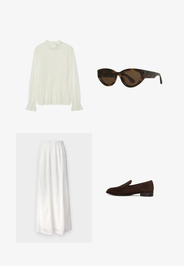 Hvid bluse med lange ærmer, der har en rynket halsudskæring, smocket krop og flagrende mansjetter, lavet af struktureret stof med en peplum-hem.; Hvid maxi nederdel lavet af tekstureret stof med udskæringsmønstre, elastisk talje og svajende design.; Brun slip-on sko med en glat tekstur, forlænget form, lav blokhæl og minimalistisk design. Ingen synlige mønstre eller udsmykninger.; Skildpadde øjenkat solbriller med brune linser, der har glatte, blanke plastrammer og et slankt design. Ingen synlige logoer eller accenter.