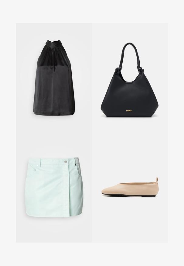 Top negru din satin cu guler halter, cu țesătură plisată la gât și un design neted, curgător. Tiv drept fără modele sau accente vizibile.; Fustă din denim verde mentă deschis, cu închidere prin buton și fermoar în față, două buzunare laterale și o textură curată și netedă.; Balerini din piele bej cu un design de profil jos, vârf rotund și talpă din cauciuc negru, având o mică buclă la spate pentru a fi îmbrăcați mai ușor.; Geantă tote din piele neagră cu un finisaj texturat, cu accente de mânere legate și detalii cu logo auriu la bază. Prezintă o siluetă lejeră.