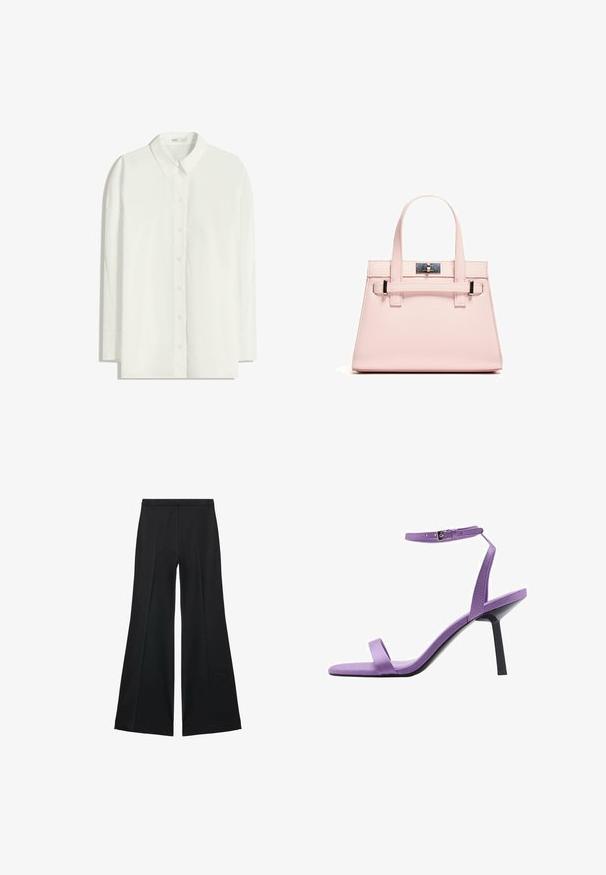 Bela srajca z dolgimi rokavi in gumbi, narejena iz lahkotnega materiala. Ima klasičen ovratnik, ravno spodnje robove in sprednje gumbi.; Črne široke hlače z gladko teksturo, ki imajo sprednje nabore in kroj po meri. Tkanina je lahka in zračna.; Mango Sandali - lilac; Roza strukturirana torba iz teksturirane kože, ki ima dva zgornja ročaja, zapiralo na sponko in kontrastne kovinske detajle.