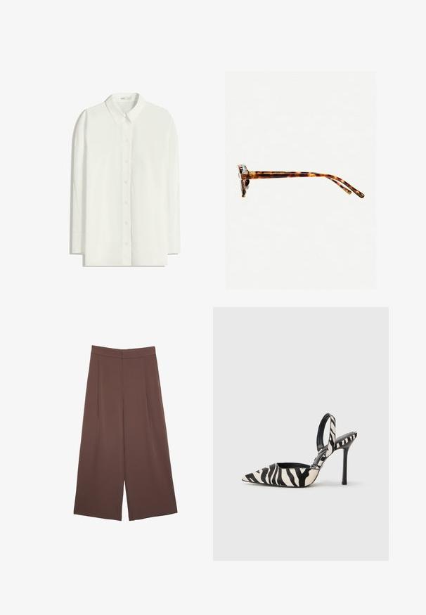 Bijela košulja dugih rukava s gumbima napravljena od laganog materijala. Ima klasičan ovratnik, ravni rub i prednje kopčanje na gumbi.; Smeđe hlače širokog kroja s glatkom teksturom, koje imaju visok struk i nabore sprijeda. Tkanina je lagana i slobodno se kreće.; Sandal sa špicastim prstom i potpeticom u crno-bijelom uzorku zebra, sa slim visokim potpeticama i otvorenim dizajnom straga, unutar crne boje.; Naočale od kornjačevine s debljim okvirom, blago zakrivljenim tempama i glatkom teksturom. Imaju klasičan dizajn s sjajnim završetkom.