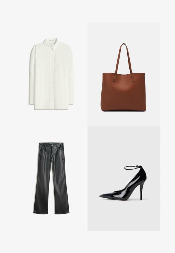 White long-sleeve button-up shirt made from lightweight fabric. Features a classic collar, straight hem, and button front.; Black faux leather flared pants with a smooth texture, five-pocket design, front zipper, and contrasting stitching.; Black patent leather high heel pump with pointed toe, ankle strap, and a sleek, glossy finish. Stiletto heel completes the elegant design.; Brown leather tote bag with a smooth texture, open top design, and two shoulder straps. Features minimal stitching and no visible hardware.