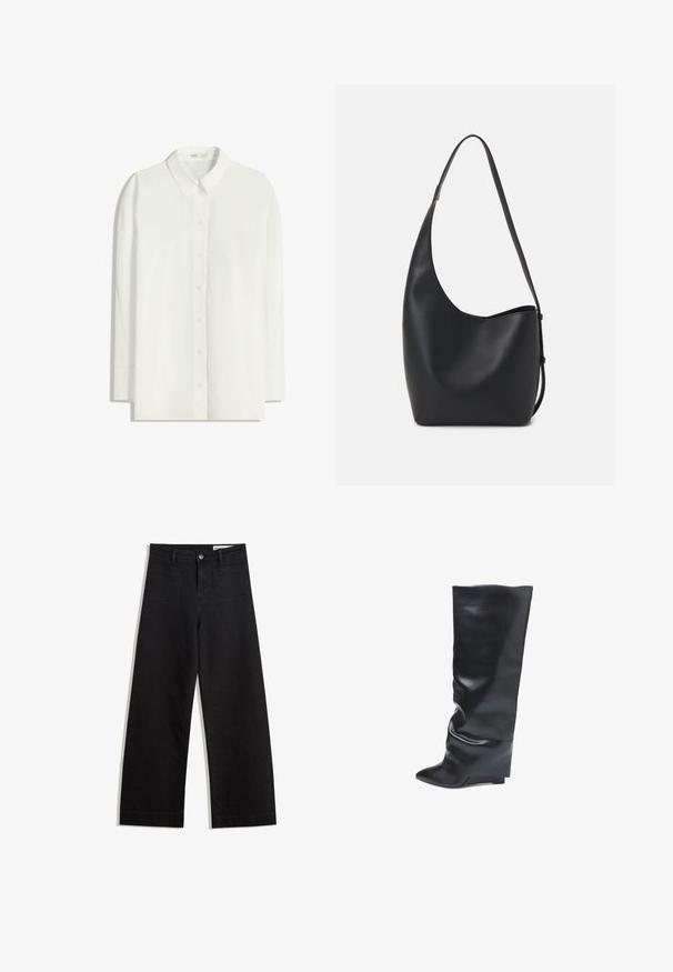 Fehér, hosszú ujjú gombos ing, amely könnyű szövetből készült. Klasszikus gallérral, egyenes aljjal és gombos elülső résszel rendelkezik.; Fekete, bő szabású farmernadrág magas derékkal, elülső és hátsó zsebekkel, varrott felületekkel és gombos záródással. Sima textúra.; Bata Telitalpú csizmák - nero; Fekete bőr hobo táska sima textúrával, ívelt formával és egyetlen állítható pánttal; széles nyílás található a tetején.