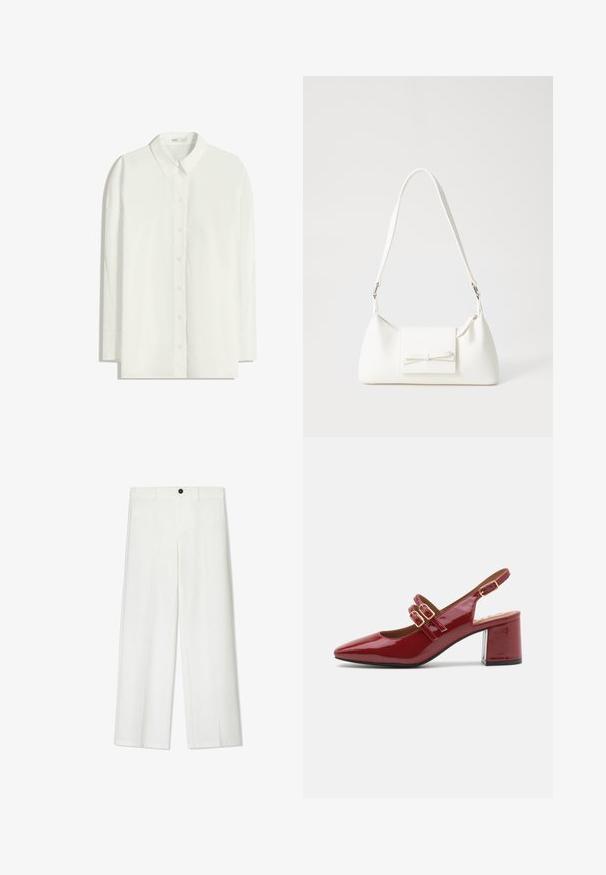 Chemise blanche à manches longues boutonnée en tissu léger. Présente un col classique, un ourlet droit et une fermeture à boutons.; Pantalons blancs à jambe large avec une texture lisse, dotés d'une fermeture à bouton à l'avant et de passants de ceinture, conçus pour un fit décontracté.; Chaussure slingback en cuir verni rouge avec un bout pointu, des brides à double boucle sur le devant et un épais talon bloc. Fini lisse et brillant.; Sac à main synthétique blanc en forme triangulaire, avec un rabat avant plat et un détail en nœud, une bandoulière ajustable, une texture lisse et un design minimaliste.
