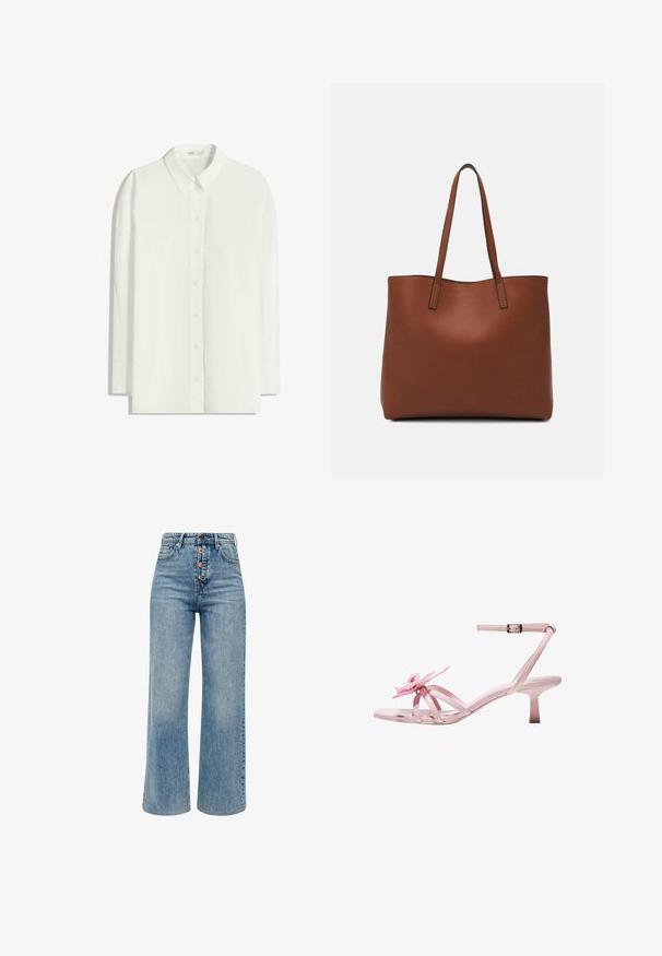 Witte lange mouwen overhemd met knopen, gemaakt van lichtgewicht stof. Heeft een klassieke kraag, rechte zoom en knoopsluiting aan de voorkant.; s.Oliver Flared Jeans - blau; Roze gepatineerde leren sandalen met hakken en een bloemaccent op de teen, met een verstelbare enkelband en een slanke, korte hak.; Bruine leren tote bag met een gladde textuur, een ontwerp met een open bovenkant en twee schouderbanden. Kenmerkt zich door minimale stiksels en geen zichtbare hardware.