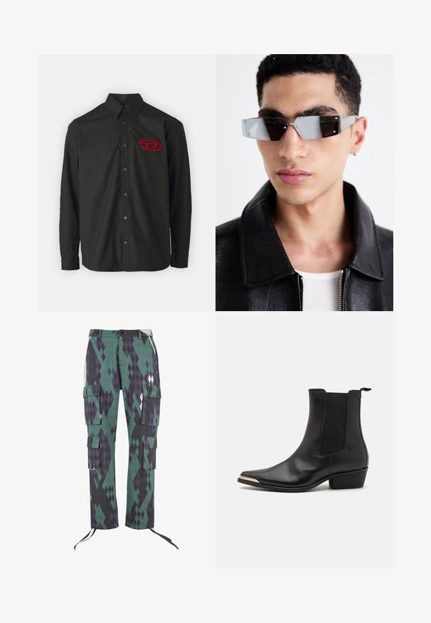 Černá dlouhá košile s límečkem na knoflíky. Na levé hrudi se nachází červeně vyšívané logo a odpovídající černé knoflíky.; Cargo kalhoty s diamantovým vzorem v zelené, fialové a černé barvě. Obsahují šest kapes, nastavitelné manžety a zapínání na knoflík v pase.; Černé kotníkové boty vyrobené z texturované kůže, s špičatou špičkou, elastickými postranními panely, zadním poutkem a nízkým blokovým podpatkem.; Avenované sluneční brýle se šedým nádechem a stříbrnými doplňky, umístěné na světlém pozadí. Skla mají jedinečný geometrický tvar.
