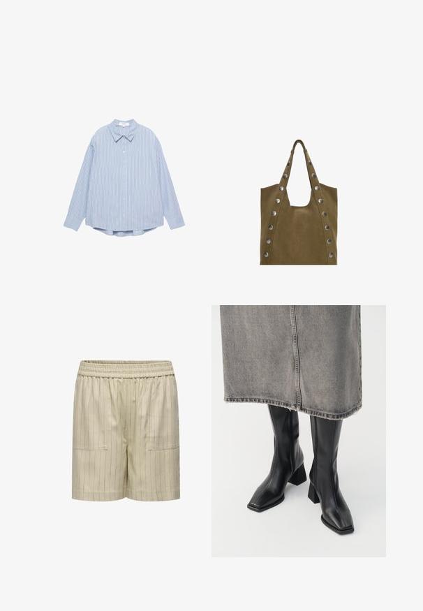 Svetlo modra prugasta srajca z dolgimi rokavi, z gumbi spredaj, klasičnim ovratnikom in zaobljenim robom. Narejena iz tkanine z mehko teksturo.; Bela majica z dolgimi rokavi in čolnastim ovratnikom, ki se prilega telesu in ima gladko teksturo, leži na belem ozadju.; Bežove bombažne kratke hlače z navpičnimi črtami, elastičnim pasom in dvema sprednjima žepoma, ki imajo ohlapen, sproščen kroj in gladko teksturo.; Črne škornje do kolen iz gladkega usnja s kvadratnim nosom in blok peto. Uporabljene s sivo denim krilom z raztrgano obrobo.; Tote torba iz khaki zamšaste tkanine z dvema zgornjima ročajema, ki je okrašena z velikimi srebrnimi zakovicami ob straneh in ima široko odprto zgornjo stran, ki omogoča enostaven dostop.