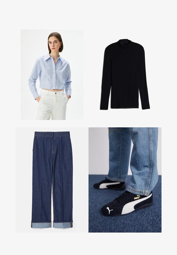 Kortærmet blå og hvid stribet skjorte med spids krave, knaplukning og lange ærmer, båret med hvide højtaljede bukser.; Sort langærmet top med en cowl-hals, lavet af et blødt, glat stof; tætsiddende design med lige kant og uden synlige sømme.; Mørkeblå denimbukser med lige ben, der har fem lommer og opkrøllede ærmer med lyseblå kontrastsyning.; Sorte ruskinds sneakers med hvide detaljer og et guldlogo. Båret med lyseblå denimjeans og sat på en struktureret blå overflade.