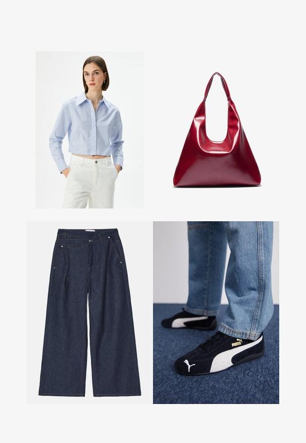 Lyhennetty sinivalkoraidallinen paita, jossa on terävä kaulus, nappikiinnitys ja pitkät hihat, yhdistettynä valkoisiin korkeavyötäröisiin housuihin.; MUNTHE SHELLIE - Relaxed fit -farkut - indigo; Mustat mokkanahkaiset lenkkarit valkoisilla yksityiskohdilla, joissa on kultainen logo. Yhdistetty vaaleansinisiin farkkusiin ja asetettu tekstuuripintaiseen siniseen taustaan.; Punainen kiiltävä nahkakäsilaukku, jossa on kolmiomainen muoto, leveä yläaukko ja yksi kaareva kahva. Tasainen pinta, jossa on minimaalinen ommeltyyli.