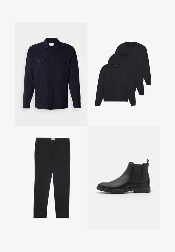 Tume sinine särgjakke pehmest kangast, millel on kaks rinna taskut, nööbisulgemine ees ja pikad varrukad nööpidega mansettidega.; Kolm musta pikka varrukaga särk, pehme kangaga, ümmarguse kaelusega ja kitsaste mansettidega. Minimalistlik disain, ilma nähtavate mustriteta.; Mustad puuvillased püksid kitsas lõikes, millel on kaks külgtaskut ja ees klõpsuga kinnitamine. Tekstuuriga kangas, millel on peened detailid.; Mustat nahast Chelsea saapad elastsete külgpaneelide ja tõmbeotsaga, ümarate varvaste ja tekstuurse kummitaldiga.