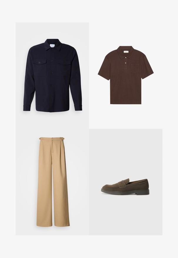 Tamsiai mėlynas marškinėlių švarkas, pagamintas iš minkštos medžiagos, su dviem krūtinės kišenėmis, sagčių uždarymu priekyje ir ilgomis rankovėmis su sagčių apykaklėmis.; Ruda polo marškinėliai, pagaminti iš minkštos medžiagos, su apykakle, trimis mygtukais ir kairėje krūtinės pusėje esančia kišenėle. Trumpomis rankovėmis, laisvas pjūvis.; Bežinės plačių kojų kelnės su aukštu liemeniu, raukšlėtu priekiu ir dirželių kilpomis. Pagamintos iš lygaus audinio su švariu, minimalistiniu dizainu.; Rudos suede loaferiai su apvaliu nosiu, juostele per vampą ir plokščiu guminio pado. Paprastas dizainas su švariomis linijomis ir minimaliu detalizavimu.