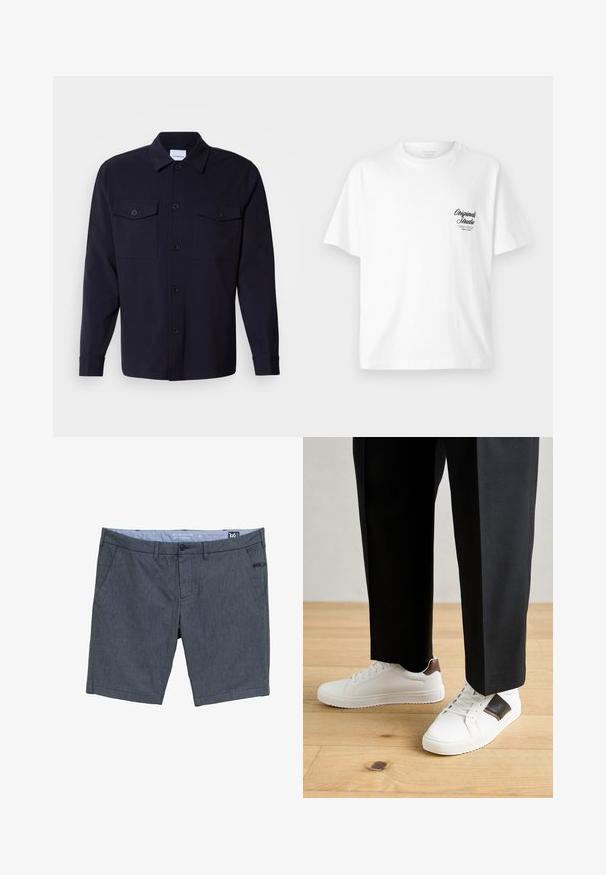 Chaqueta de camisa azul marino hecha de una tela suave, con dos bolsillos en el pecho, un frente abotonado y mangas largas con puños abotonados.; Camiseta de algodón blanca con cuello redondo, mangas cortas y un logo impreso en negro en el lado izquierdo del pecho, que presenta un diseño de escritura vintage.; Pantalones cortos azul marino hechos de tela texturizada. Presenta dos bolsillos laterales, un cierre de botón y una pequeña etiqueta decorativa en la parte frontal.; Zapatillas blancas con textura suave, con acentos de cuero marrón y detalles en negro, combinadas con pantalones negros ajustados. Fondo de suelo de madera.