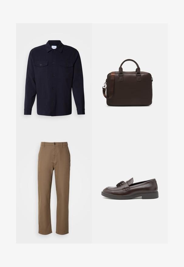 Sötétkék ingdzseki, puha anyagból készült, két mellzsebbel, gombos elülső részével és hosszú ujjaival, melyek gombos mandzsettával záródnak.; Barna, pamut nadrág egyenes szabásban, gombos záródással és oldalsó zsebekkel. Simább textúrával és egyszerű, díszítés nélküli dizájnnal rendelkezik.; Barna bőr loaferek lekerekített orral, díszes bojt részlettel, varrott részletekkel és alacsony gumitalppal a még nagyobb kényelem érdekében.; Barna bőr laptop táska texturált felülettel, dupla felső fogantyúval, állítható pánttal és két elülső csattal a részletek fokozásáért.