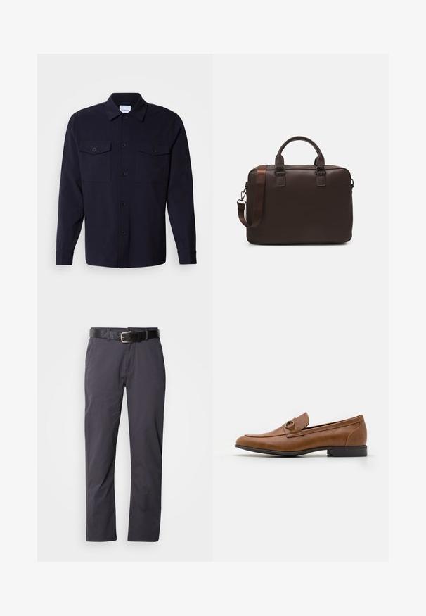 Mornarsko plava košulja jakna od mekog materijala, s dva džepa na prsima, prednjim kopčanjem na dugmad i dugim rukavima s dugmadima na manžetama.; Crne pamučne hlače ravnog kroja, s dva prednja džepa i remenom. Tkanina ima glatku teksturu i mat završnicu.; Smeđi kožni mokasini s ravnim potplatom, ukrašeni metalnim detaljem sprijeda, s glatkim dizajnom i mekom teksturom.; Smeđa kožna torba za prijenosno računalo s teksturiranom površinom, dvostrukim gornjim ručkama, podesivim remenom i dva prednja kopčanja za dodatne detalje.