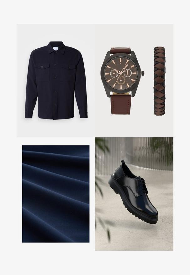 Temno modra srajčna jakna iz mehkega materiala, z dvema žepoma na prsih, gumbom zapenjanjem in dolgimi rokavi z gumbnimi manšetami.; Temno modro blago z gladko teksturo, ki vsebuje diagonalne gube, ki ustvarjajo globino in dimenzijo v draperiji.; Črne usnjene čevlje z sijajno površino, okrogle prste, vezalni dizajn, kontrastno šivanje in debel gumijast podplat z vzorci za oprijem.; Pier One SET - Ura - black/brown