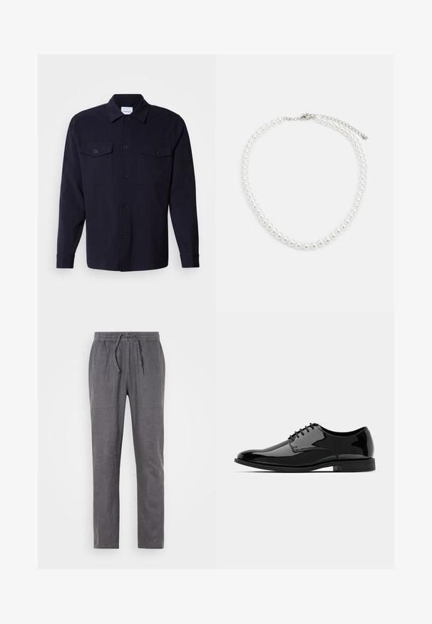 Navy blue shirt jacket made of soft fabric, featuring two chest pockets, a button-down front, and long sleeves with buttoned cuffs.; Gray linen pants with an elastic waistband and drawstring. Features two front pockets, straight legs, and a textured fabric.; Black patent leather dress shoe with a rounded toe, lace-up design, and smooth, shiny surface. Features a low-profile rubber sole.; White pearl necklace with a uniform round shape, smooth surface, and metal clasp with an extension chain for adjustable length.