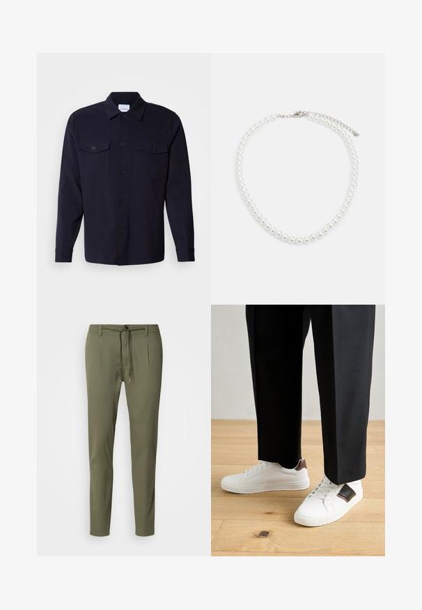 Tume sinine särgjakke pehmest kangast, millel on kaks rinna taskut, nööbisulgemine ees ja pikad varrukad nööpidega mansettidega.; Kergedest roheline püksid, mis on valmistatud kergest kangast, joontega vöökoht, kaks esist kurru ja kitsenev lõige. Sile tekstuur.; Valged sneakersid siledat tekstuurist, millel on pruunad nahast detailid ja mustad aksessuaarid, millele on sobitatud mustad kohandatud püksid. Puitpõranda taust.; Valge pärlkaelakee, millel on ühtlane ümar kuju, sile pind ja metallist kinnitusbüts koos pikendusahelaga reguleeritava pikkuse jaoks.