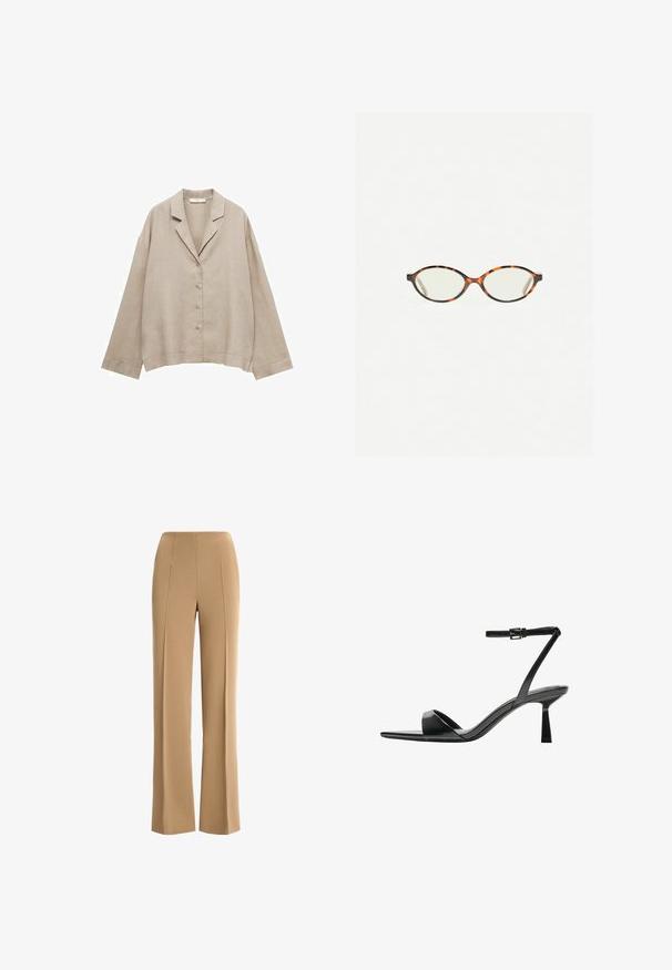 Beige linnen shirt met een relaxed fit, notch-kraag en vijf knopen. Beschikt over lange mouwen en een rechte zoom met subtiele stikseldetails.; Luisa Spagnoli MORA - Broek - cammello; Bershka Sandalen met hoge hak - black; Kattenoogbril met ovale lenzen en een strakke, gladde afwerking. Heeft dunne zijkanten met een subtiele kromming bij de slapen. Transparante lenzen.