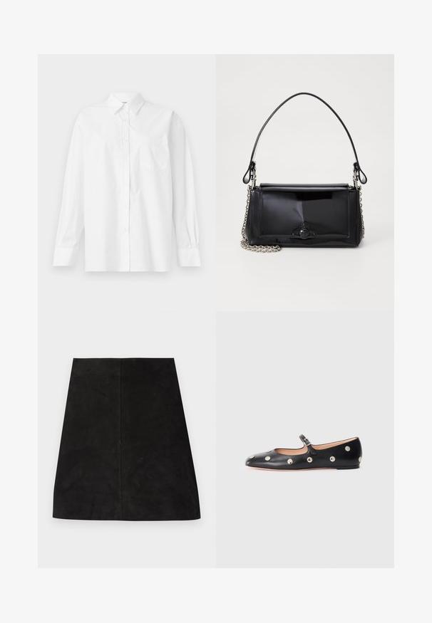 White long-sleeve shirt made of cotton, featuring a classic collar, button closure, and a single breast pocket on the left side.; Black suede mini skirt featuring a simple straight cut, smooth texture, and a center seam detail. No visible hardware or embellishments.; Black leather Mary Jane flat shoe with a rounded toe, featuring silver circular studs and an adjustable strap with a buckle.; Black patent leather handbag with a rectangular shape, chain strap, and a distinctive hardware accent in the center. Smooth texture.