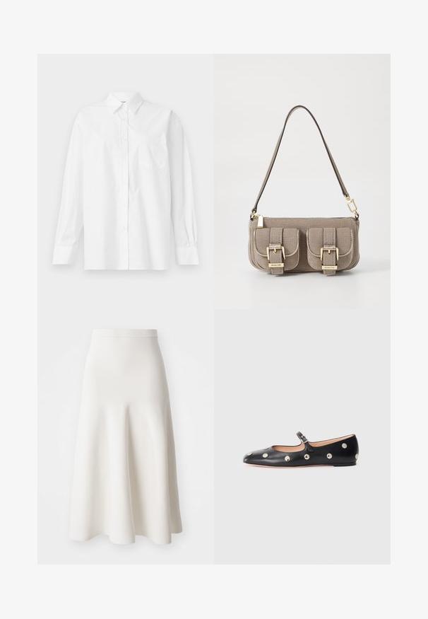 Weißes Langarmhemd aus Baumwolle mit klassischem Kragen, Knopfverschluss und einer Brusttasche auf der linken Seite.; Ein weißer A-Linien-Rock aus einem glatten Stoff, mit einem taillierten Bund und einer ausgestellten Silhouette, die sanft bis zur Mitte der Wade fällt.; Schwarze Leder-Mary-Jane-Ballenflats mit runder Zehenform, ausgestattet mit silbernen runden Nieten und einem verstellbaren Riemen mit Schnalle.; Beige strukturiertes Handtäschchen mit verstellbarem Tragegurt, zwei vorderen Taschen, die mit Schnallen gesichert sind, und goldenen Metallakzenten. Reißverschlussöffnung oben.