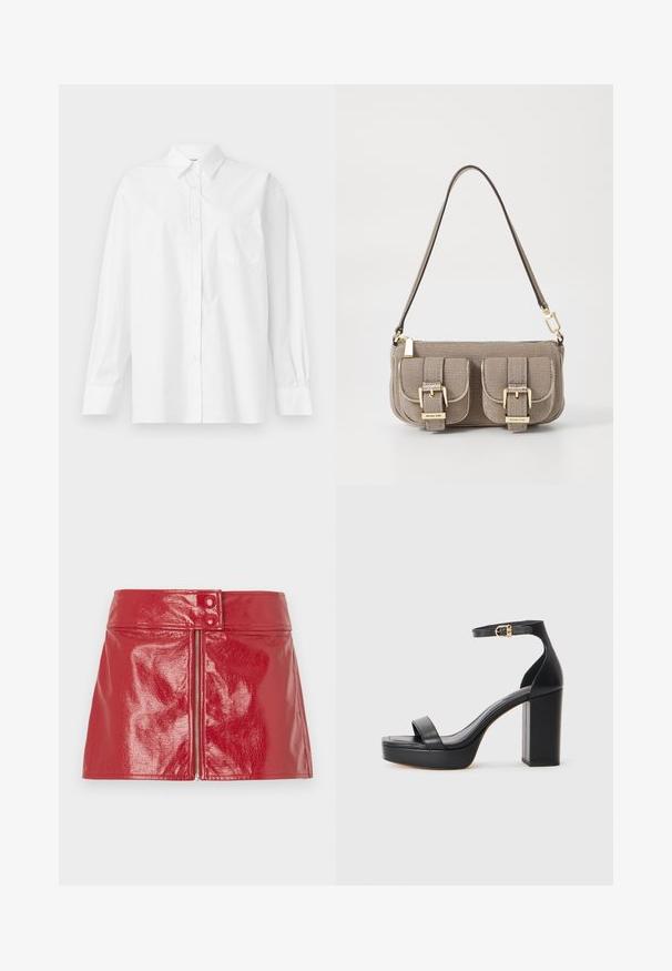 Balta ilga rankovėmis marškiniai, pagaminti iš medvilnės, su klasikiniu apykakle, mygtukų uždarymu ir vienu krūtinės kišeniu kairėje pusėje.; Raudona, blizgi mini sijonas su priekiniais užtrauktukais ir dviem mygtukais liemens srityje. Lygus paviršius su prigludusia siluetu.; Juodi platforminiai sandalai su storesniu blokiniu kulnu, lygaus odos paviršiaus, atvira nosimi ir kulkšnies dirželiu su auksiniu sagtimi.; Šviesiai ruda tekstūruota rankinė su reguliuojama petneša, dviem priekiniais kišenėmis, užsegamomis sagtimis, ir auksiniais aksesuarais. Uždarymas užtrauktuku viršuje.