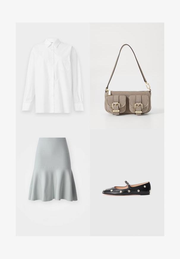 Balta garām piedurknēm krekls, izgatavots no kokvilnas, ar klasisku apkakli, pogu aizdari un vienu krūšu kabatu kreisajā pusē.; Gaiši zils izplešots svārki, kas izgatavoti no teksturētas auduma. Tam ir pieguļošs jostasvieta un mīksts, viļņots apakšmalas. Vienkārša dizaina bez rakstiem.; Melna ādas Mary Jane līdzena zābaku ar noapaļotu purngalu, kurā ir sudraba apaļie kniedes un regulējama siksniņa ar sprādzi.; Bežs teksturēts roku soma ar regulējamu siksnu, divas priekšējās kabatas, kas aizveras ar sprādzēm, un zelta aksesuāriem. Augšā ar rāvējslēdzēja aizdari.