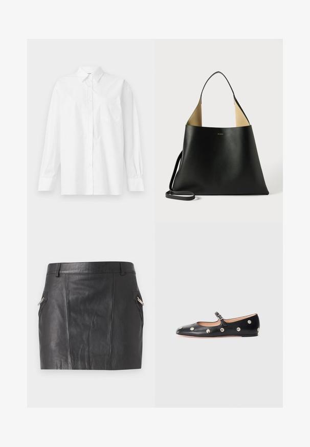 Camicia bianca a maniche lunghe in cotone, con colletto classico, chiusura a bottoni e una tasca singola sul lato sinistro.; Mini gonna in pelle nera con texture liscia, dotata di tasche laterali angolate con zip metalliche e un design aderente.; Scarpa flat nera in pelle tipo Mary Jane con punta arrotondata, caratterizzata da borchie circolari argentate e una fascia regolabile con fibbia.; Borsa tote in pelle nera con un design spazioso e angolare. Presenta un interno in contrasto di color cammello e una sottile tracolla. Branding minimalista visibile.
