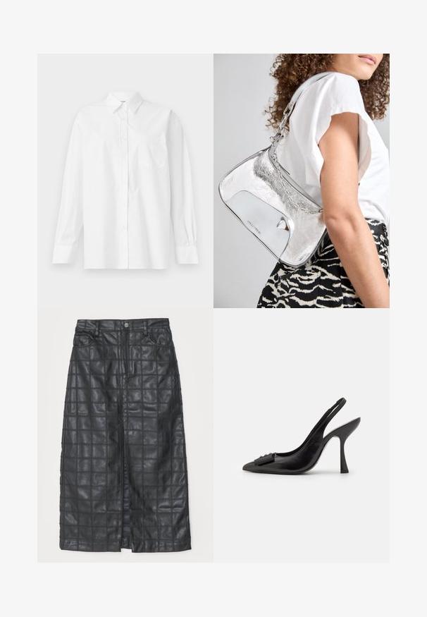 Chemise blanche à manches longues en coton, avec un col classique, un fermeture à boutons et une poche poitrine simple du côté gauche.; Baum und Pferdgarten SASCHA - Jupe trapèze - black; Chaussure slingback en cuir noir avec un bout pointu, un talon haut fin et un accent de nœud décoratif. Texture lisse et design élégant.; Sac à épaule en métal argenté avec une texture lisse, un design incurvé, une bandoulière en chaîne et un panneau avant poli présentant une gravure discrète du logo.