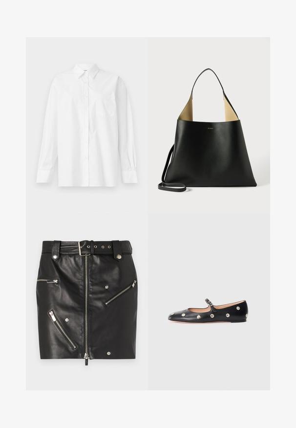 Bílá košile s dlouhým rukávem vyrobená z bavlny, s klasickým límečkem, zapínáním na knoflíky a jednou náprsní kapsou na levé straně.; Černá kožená mini sukně s předním zipem, několika kapsami na zip, opaskem s přezkou a stříbrnými kovovými detaily.; Černé kožené baleríny typu Mary Jane s kulatou špičkou, zdobené stříbrnými kulatými nýty a nastavovacími popruhy se sponou.; Černá kožená taška přes rameno s prostorným, úhlovým designem. Obsahuje kontrastní béžový interiér a tenký ramenní popruh. Minimalistické logo na viditelném místě.