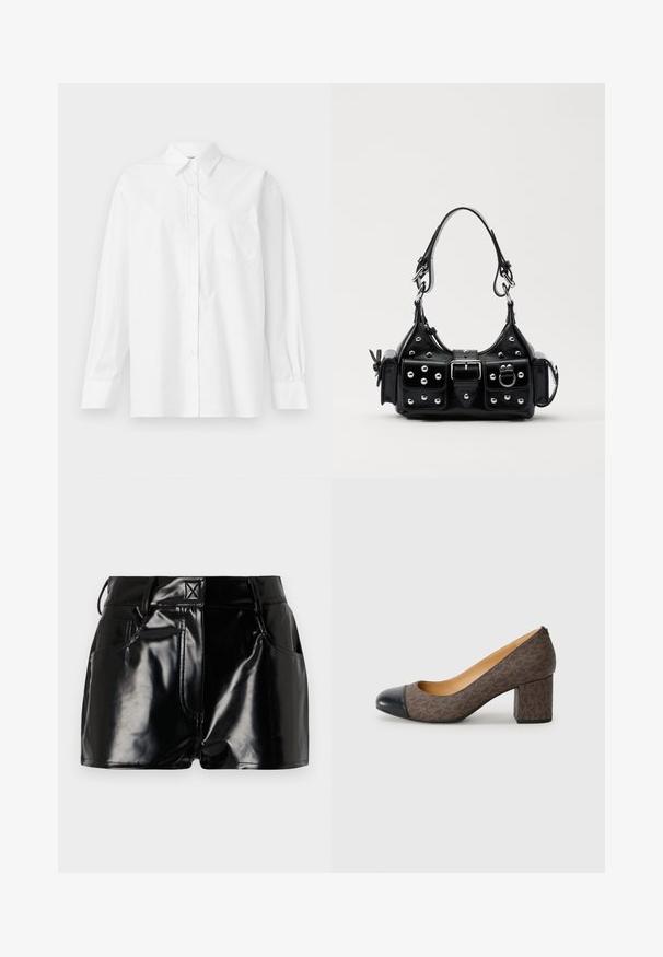 Camisa branca de manga longa feita de algodão, com colarinho clássico, fecho de botão e um único bolso no lado esquerdo.; Calções pretos e brilhantes feitos de material sintético. Apresentam uma cintura justa, passantes para cinto e bolsos frontais com detalhes de costura proeminentes.; Bombas de salto alto castanhas com padrão, com uma ponta redonda preta e salto bloco, apresentando uma textura suave semelhante a couro.; Bolsa de couro preta com um design curvado, apresentando tachas prateadas, uma fivela e dois bolsos laterais. Alça ajustável para opções de transporte.