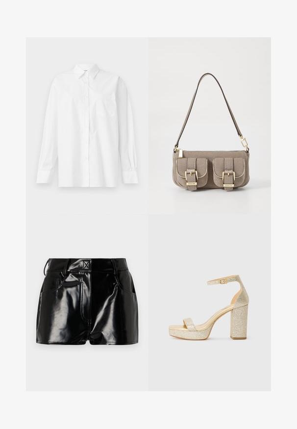 White long-sleeve shirt made of cotton, featuring a classic collar, button closure, and a single breast pocket on the left side.; Black, glossy shorts made of synthetic material. Features a fitted waist, belt loops, and front pockets with prominent stitching details.; Gold glitter platform high heel sandal with ankle strap and buckle on white background.; Beige textured handbag with adjustable strap, two front pockets secured by buckles, and gold hardware accents. Zipper closure at the top.
