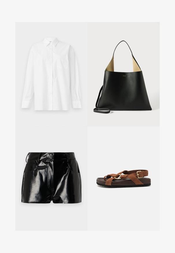 Valge pika varrukaga särk, mis on valmistatud puuvillast, klassikalise krae, nööbiga kinnituse ja vasakul küljel oleva ühe rinnataskuga.; Mustad, läikivad lühikesed püksid sünteetilisest materjalist. Omab kitsast piha, vöölõike ja esimesi taskuid, millel on silmapaistvad õmbluse detailid.; Sœur MEXICO - Sandaalid - rouille; Must lilla nahkakott, millel on avar ja nurgaine disain. Omab kontrastset pruuni sisekujundust ja õhukest õlavarre rihma. Minimalistlik brändimine.